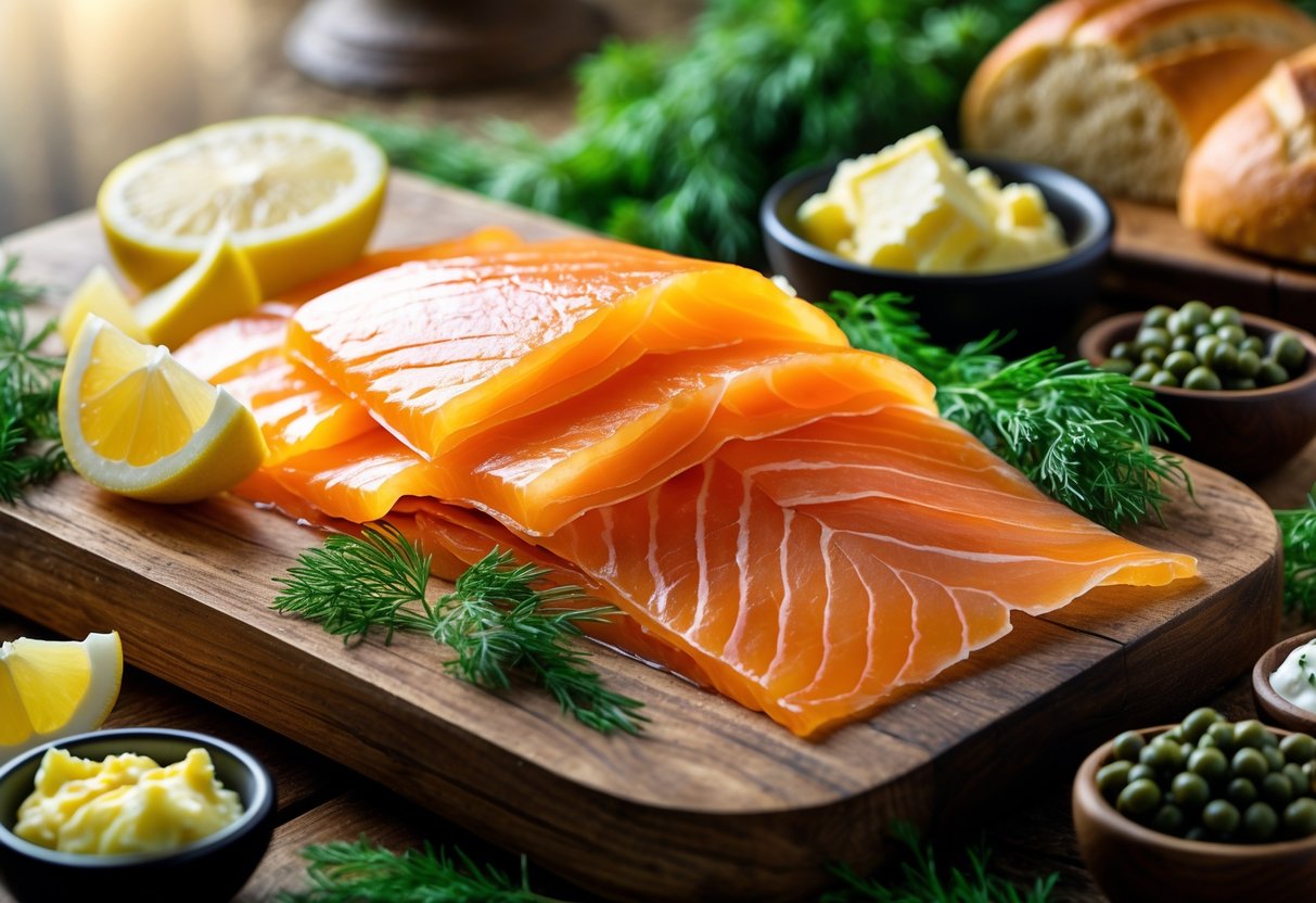 A wooden platter with thinly sliced Irish smoked salmon, soda bread, lemon wedges, fresh dill, butter, and capers on a rustic table.
