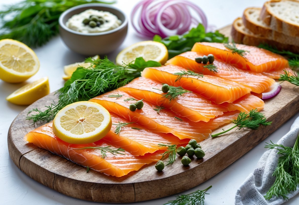 A platter of Irish smoked salmon with lemon wedges, dill, capers, red onions, horseradish sauce, and slices of bread on a wooden board.