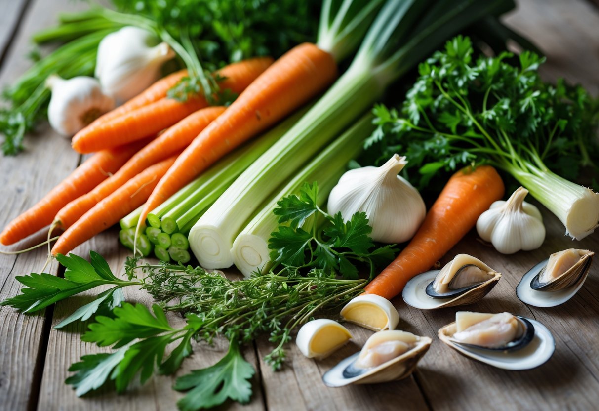 Fresh vegetables and aromatic herbs arranged on a wooden surface alongside raw seafood ingredients for making Irish seafood chowder.