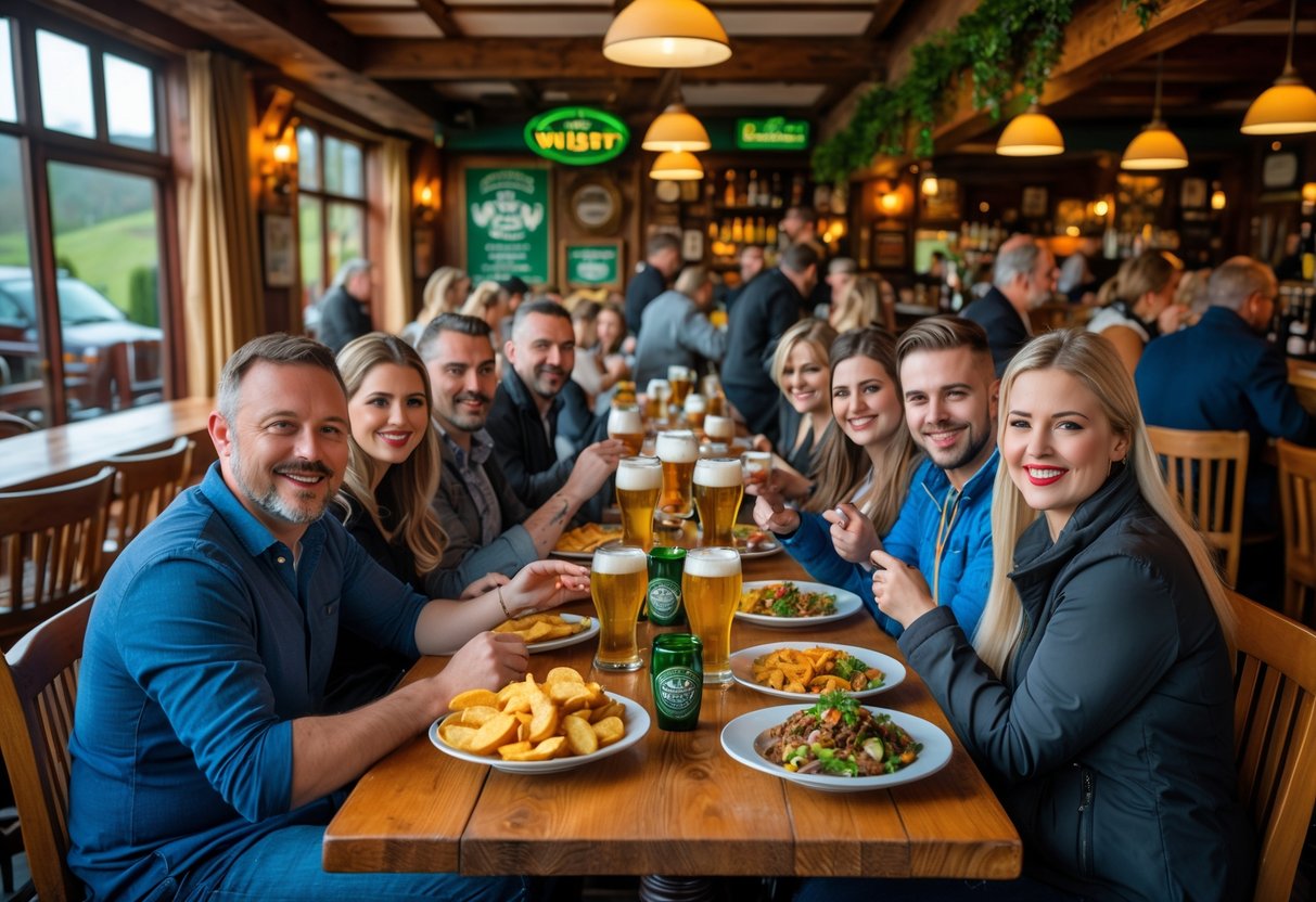 People enjoying classic pub food and drinks at wooden tables inside a cozy restaurant with warm lighting and rustic decor.