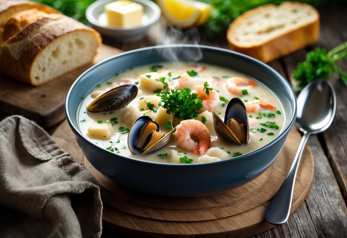 A bowl of creamy Irish seafood chowder with seafood pieces, parsley garnish, brown soda bread, butter, and lemon on a wooden table.