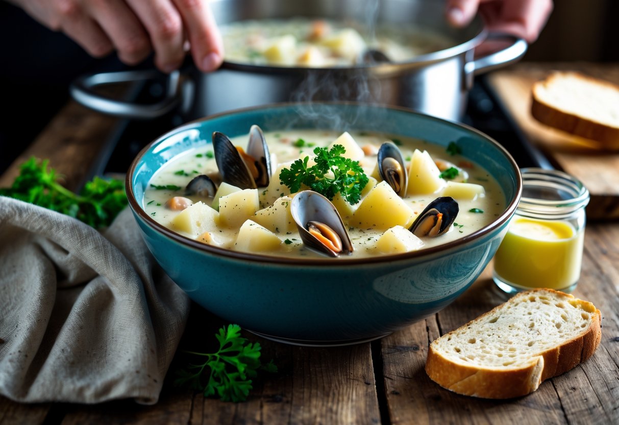 A steaming bowl of Irish seafood chowder with fish, mussels, and potatoes on a wooden table, next to bread and butter, with a hand reheating chowder on a stove in the background.