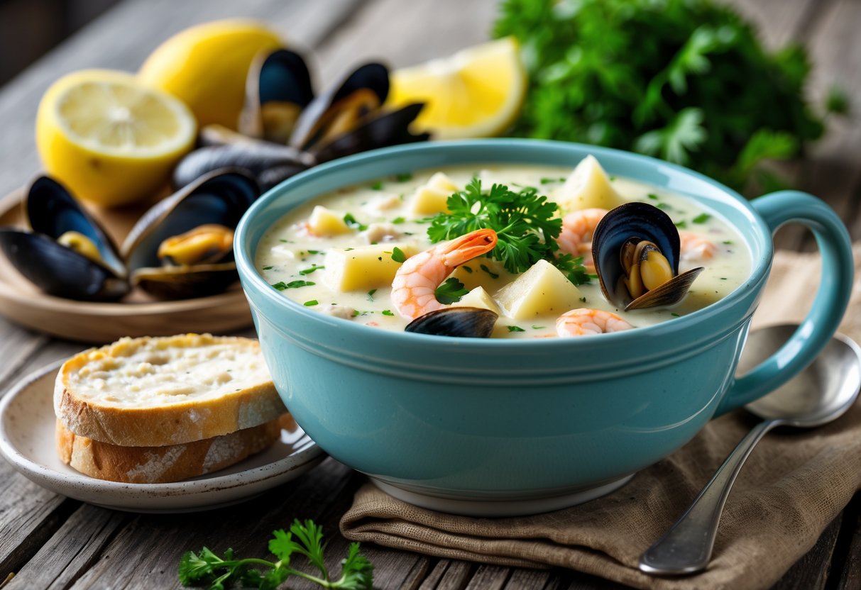 A bowl of creamy Irish seafood chowder with mussels, shrimp, potatoes, and herbs on a wooden table, accompanied by lemon wedges, fresh parsley, and soda bread.