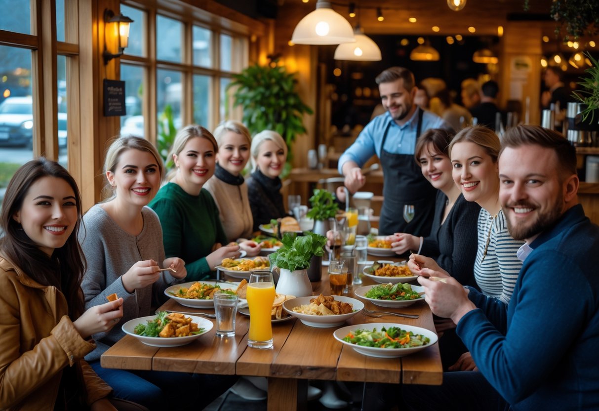 Customers enjoying affordable meals in a warm and cozy restaurant with wooden tables and natural light.