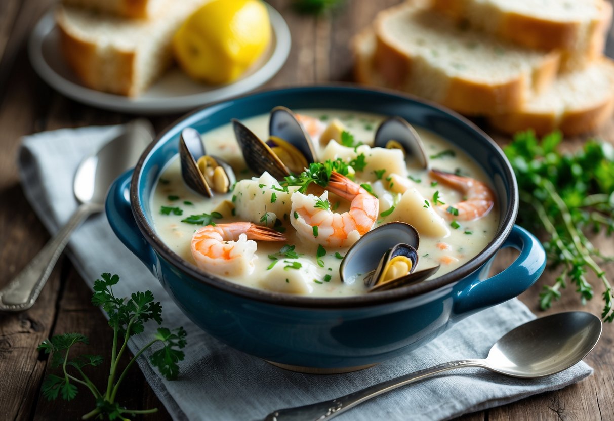 A bowl of creamy Irish seafood chowder with fresh seafood and parsley, served with soda bread on a wooden table.