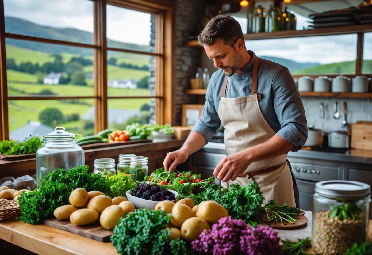 A chef arranging fresh local vegetables on a wooden table in a bright kitchen with green hills visible through the window.