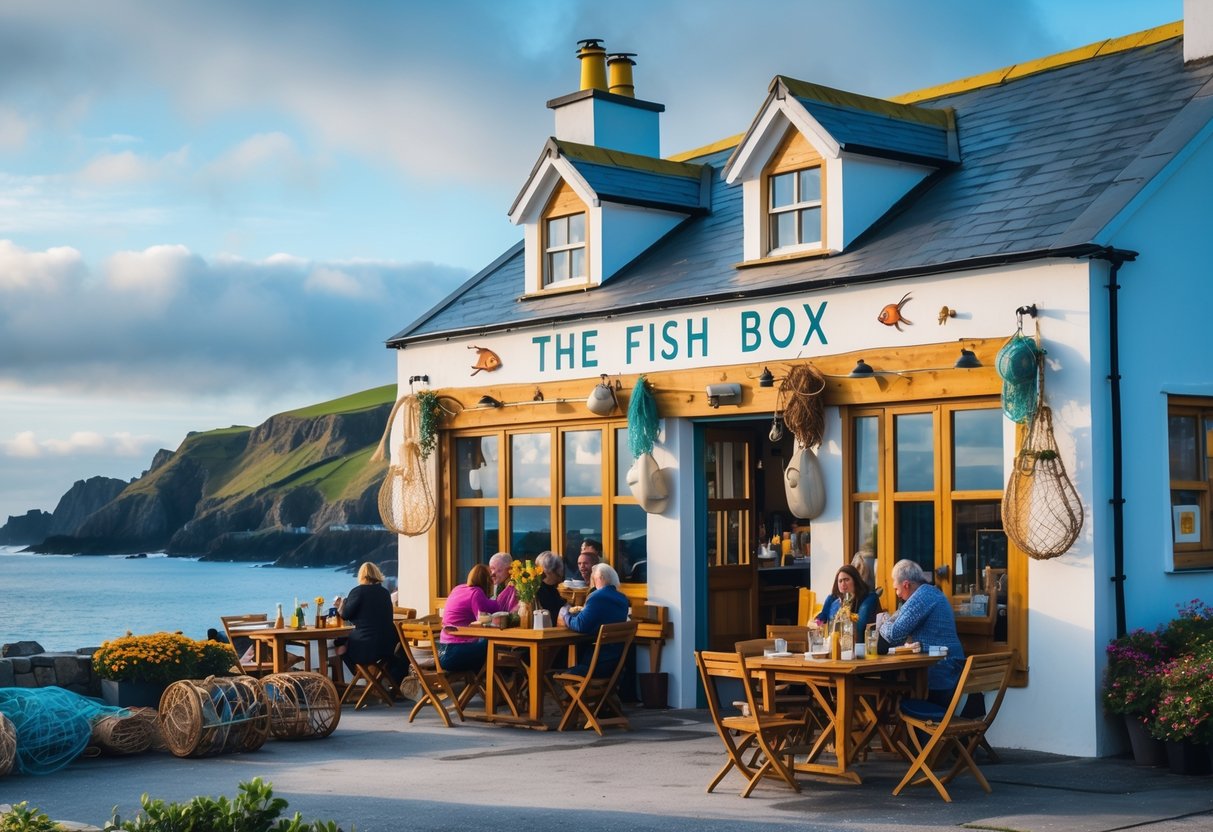 Exterior of a cozy seafood restaurant with outdoor seating on the Dingle Peninsula, surrounded by green hills and coastline.