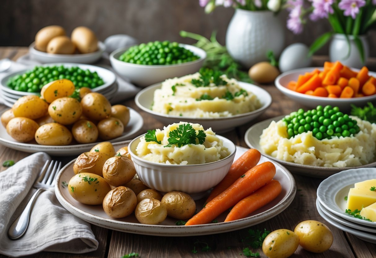 A table with plates of roasted potatoes, mashed potatoes, peas, carrots, and cabbage arranged as Irish Easter side dishes.
