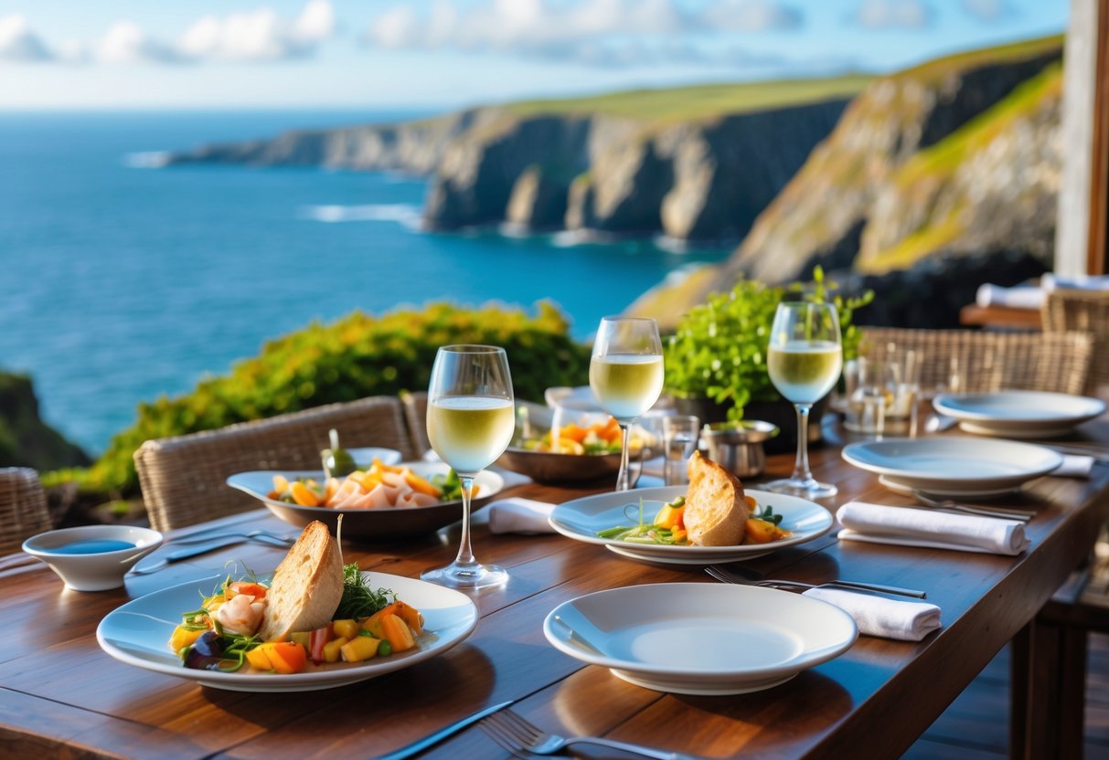 A dining table set outdoors on a terrace overlooking cliffs and the ocean with seafood dishes and wine.