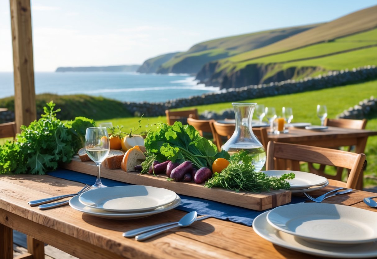 Outdoor wooden table with fresh local vegetables and herbs, overlooking green hills and coastline of the Dingle Peninsula.