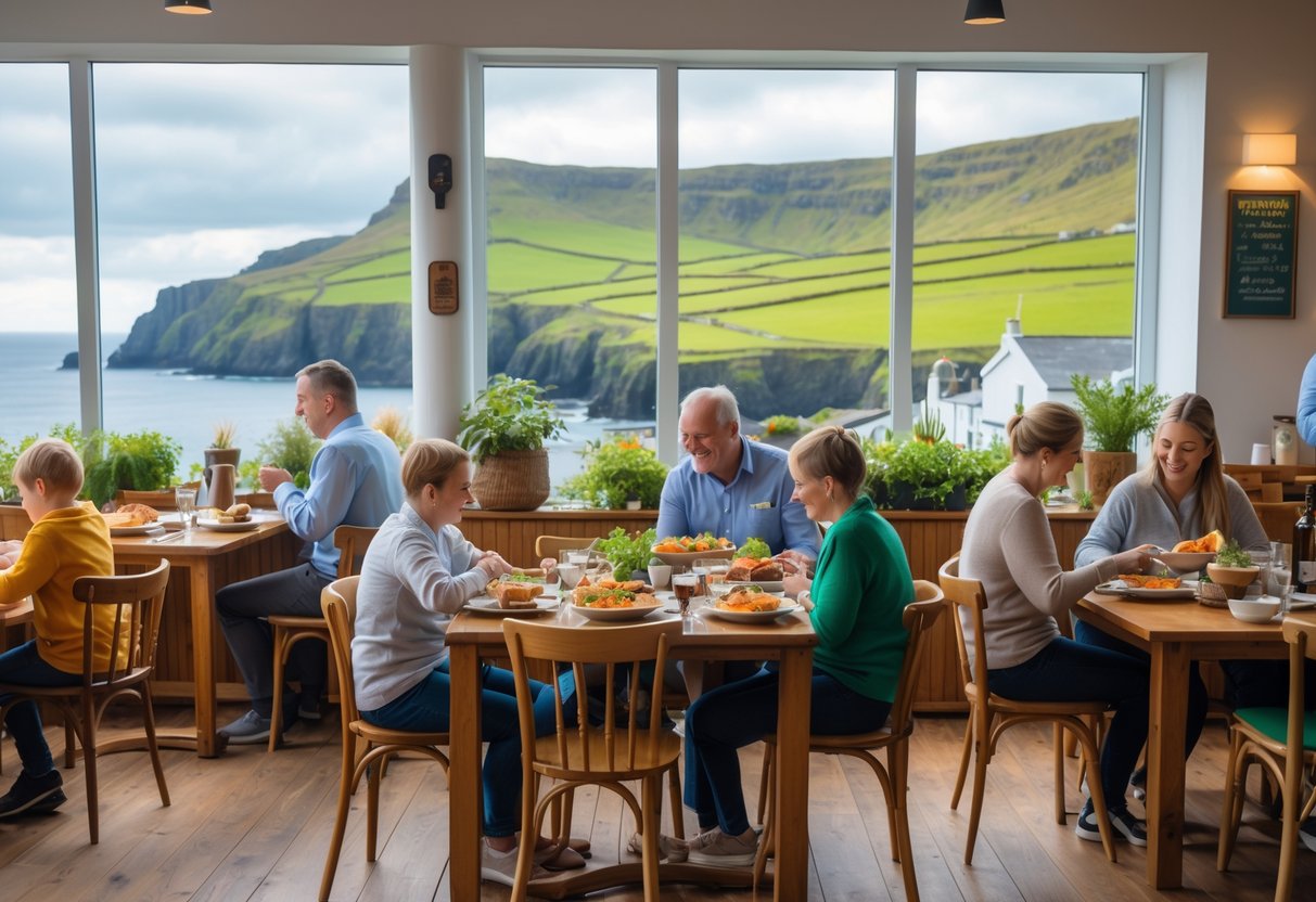 Families and friends enjoying meals at a casual dining restaurant with large windows overlooking green hills and the coastline on the Dingle Peninsula.