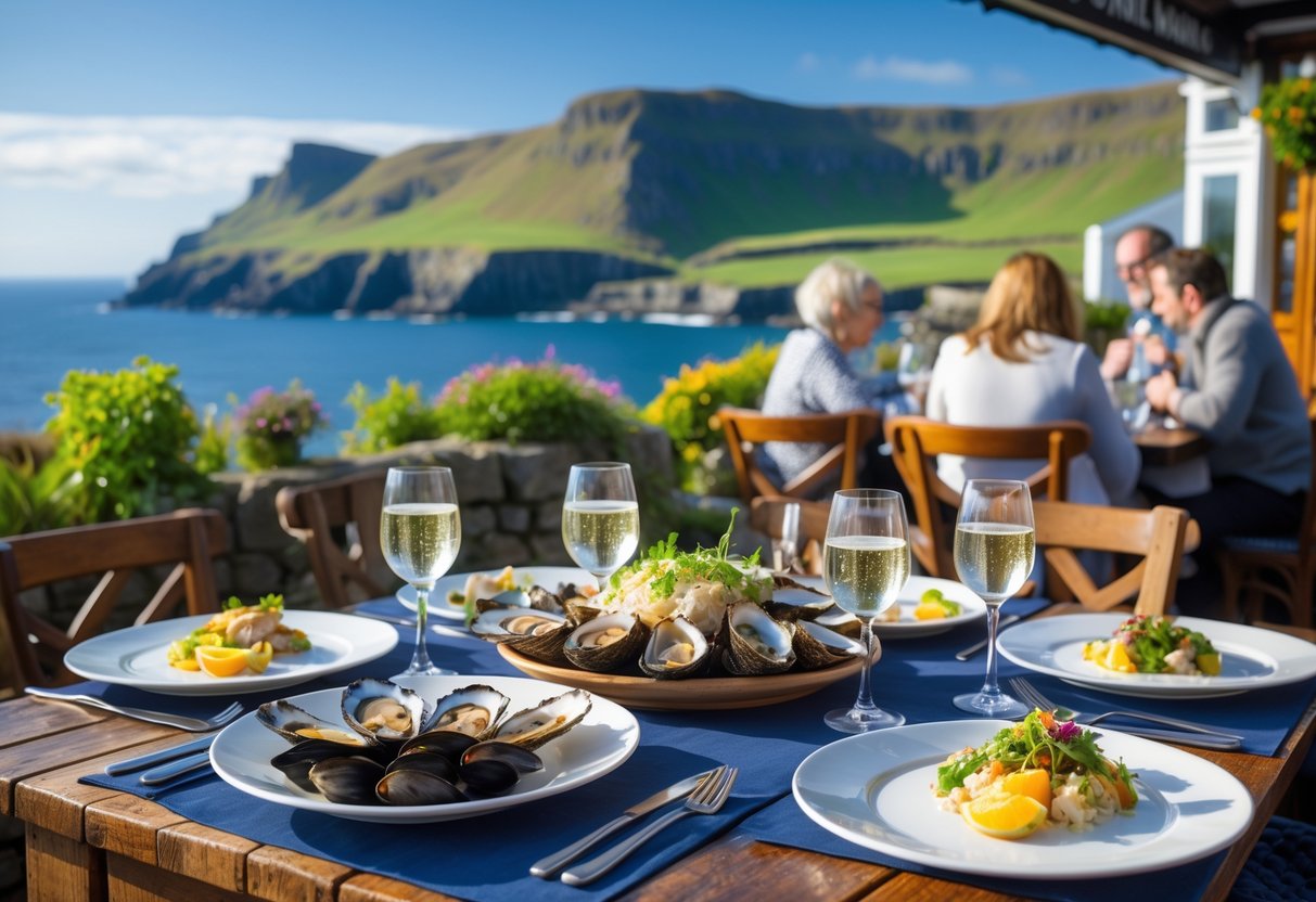 Outdoor dining table with seafood dishes and wine, overlooking green hills and coastline on the Dingle Peninsula.