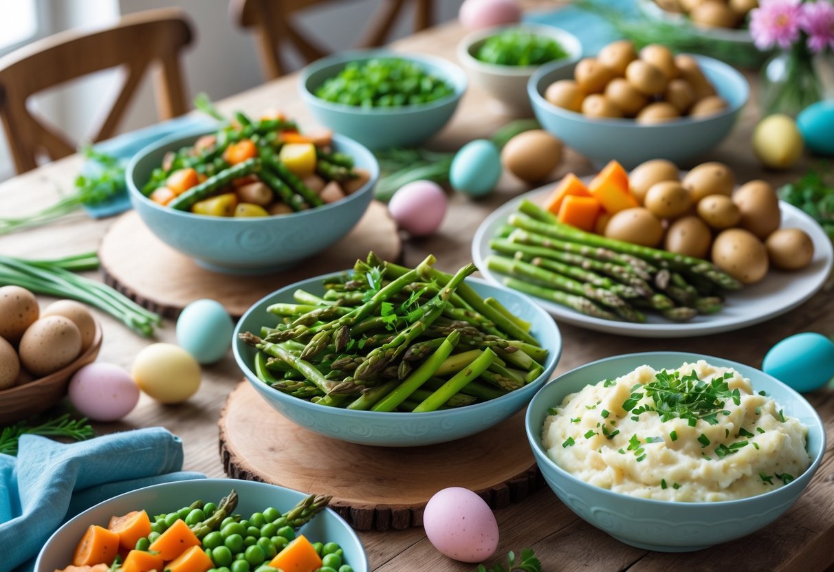 A table set with various Irish Easter side dishes including roasted potatoes, colcannon, and fresh spring vegetables with Easter decorations.