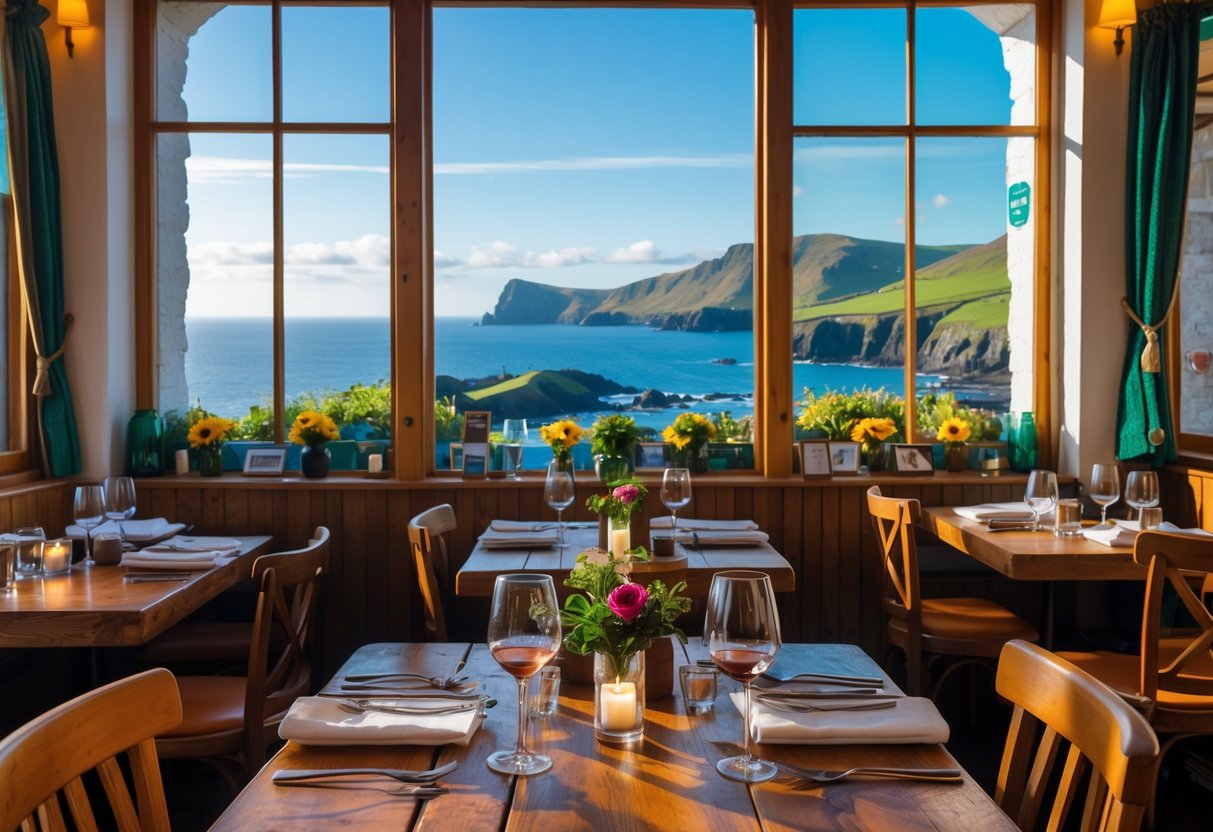 A cozy restaurant interior with wooden tables and wine glasses, overlooking the green hills and coastline of the Dingle Peninsula.