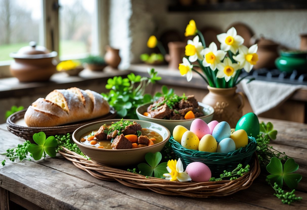 A table set with traditional Irish Easter foods including soda bread, lamb stew, and colorful dyed eggs in a basket, decorated with shamrocks and daffodils in a cozy kitchen.