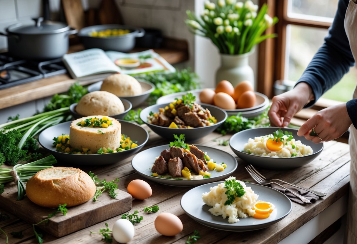 A kitchen table with traditional Irish Easter dishes like soda bread, lamb stew, and colcannon, with fresh ingredients and hands preparing food.