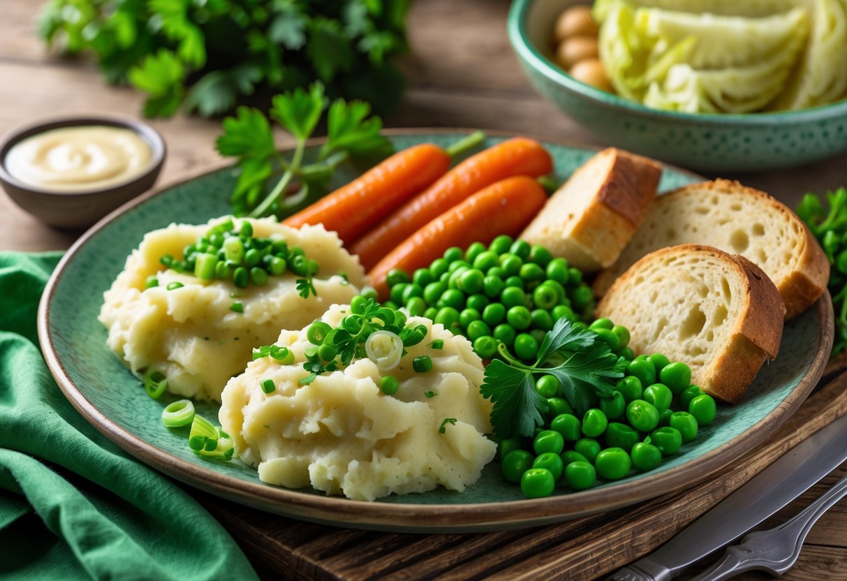 A plate of traditional Irish sides and vegetables including mashed potatoes, carrots, peas, cabbage, and soda bread arranged on a wooden table.