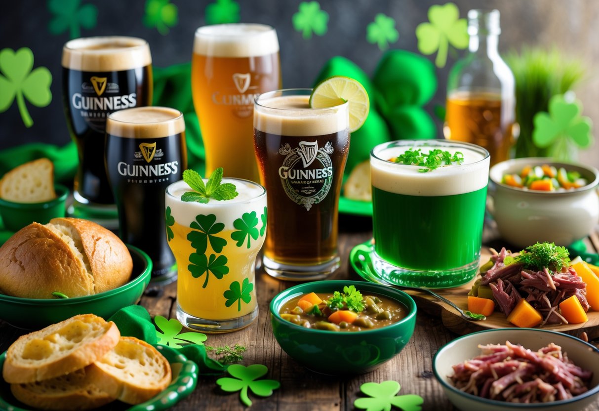 A table displaying Irish drinks including Guinness and green cocktails alongside traditional St. Patrick's Day foods like soda bread, Irish stew, and corned beef with cabbage.