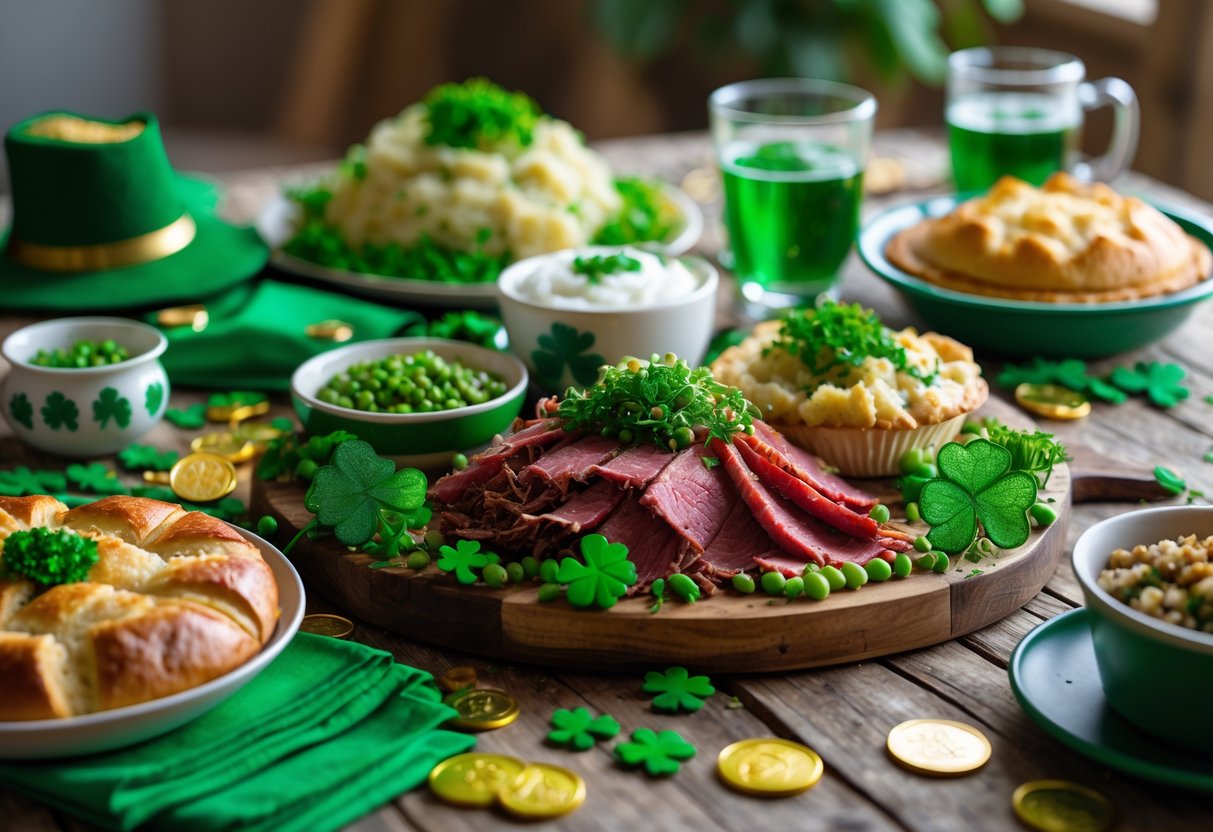 A table with traditional St. Patrick's Day foods including corned beef, cabbage, soda bread, and shepherd's pie, decorated with shamrocks and green accents.