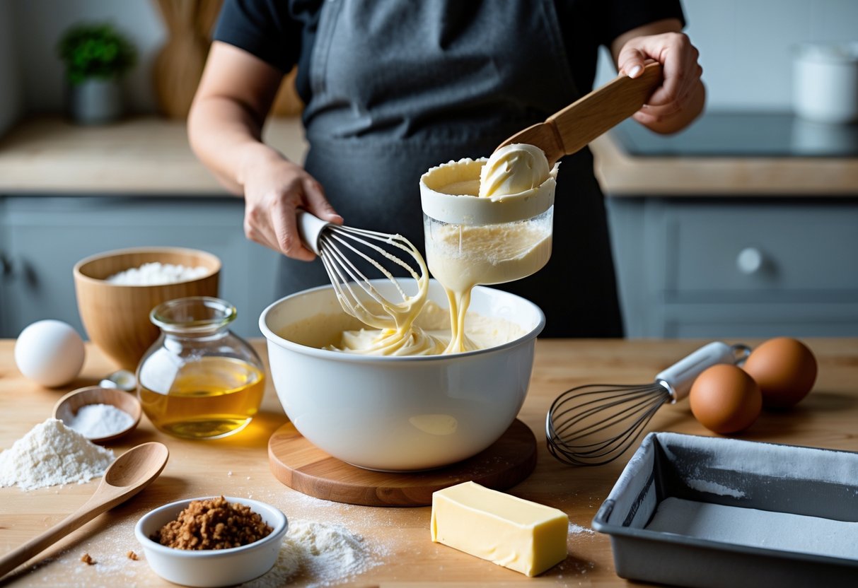 A kitchen countertop with baking equipment and ingredients arranged for preparing a porter cake, including a mixing bowl, measuring cups, eggs, butter, and a baking pan.