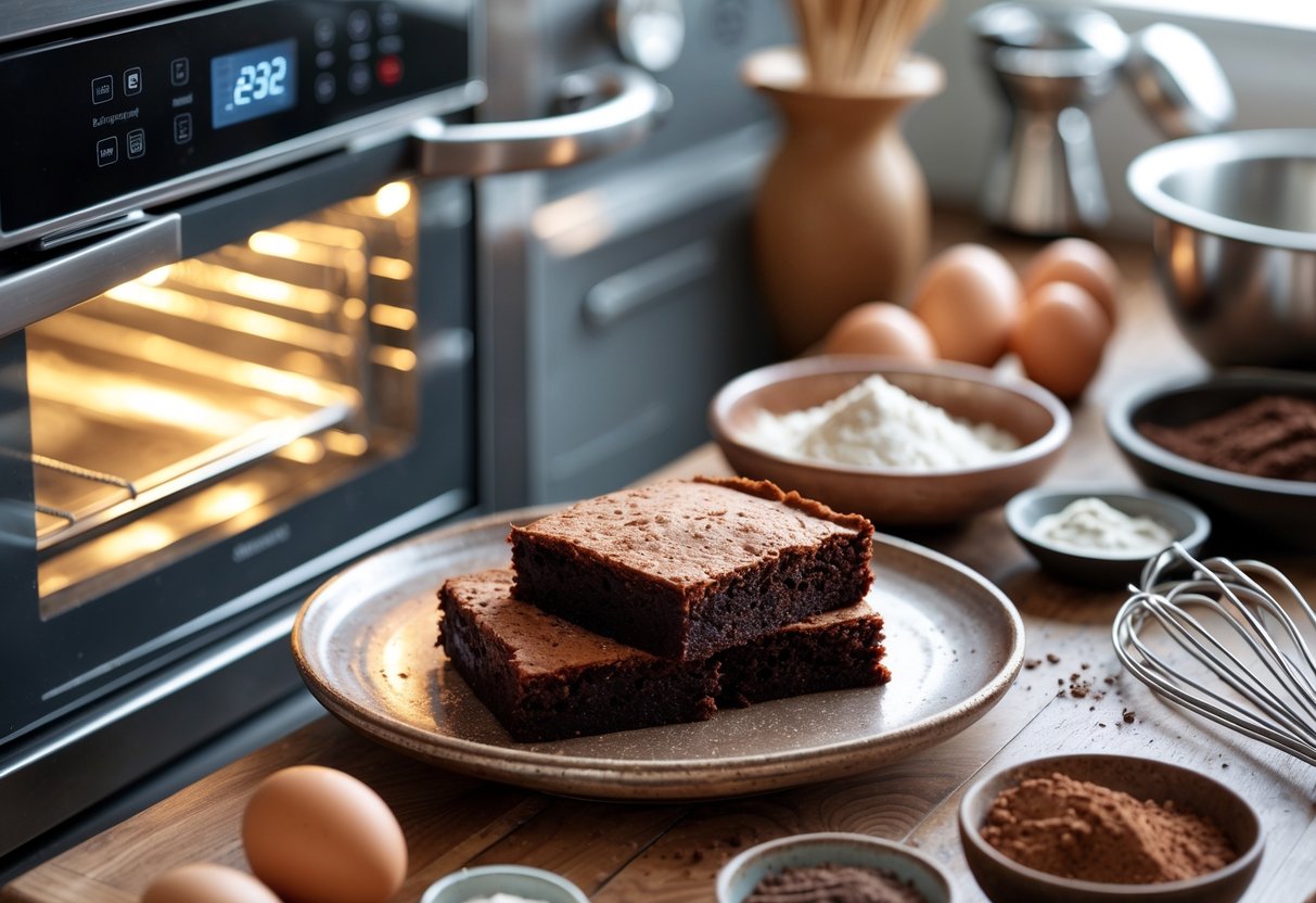 Close-up of a modern oven with baking settings visible, a wooden countertop with freshly baked porter cake slices and baking ingredients nearby.