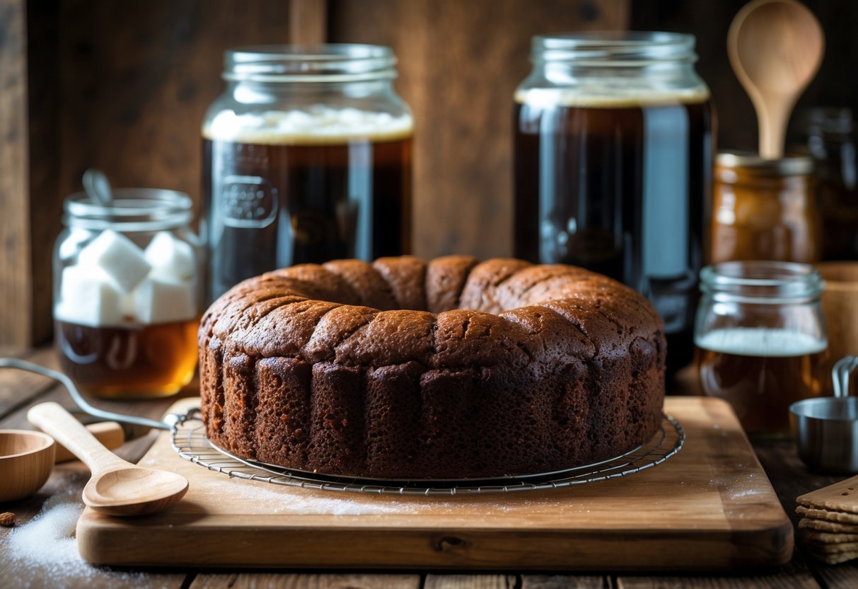 A freshly baked Porter Cake on a wooden board with jars of porter beer and sugar nearby in a kitchen setting, alongside a sealed container for aging the cake.