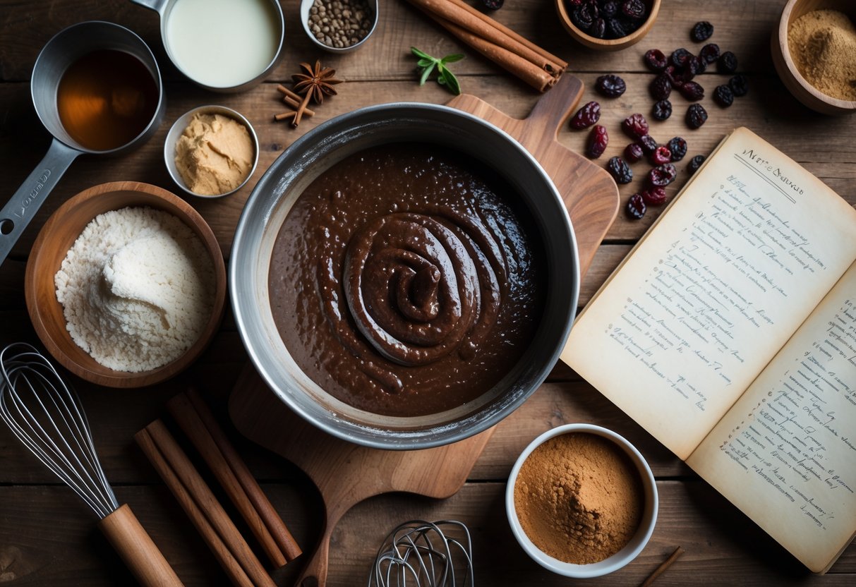 A kitchen table with ingredients and tools for making porter cake using dietary substitutions, including a mixing bowl with dark batter, alternative flours, spices, and dried fruits.