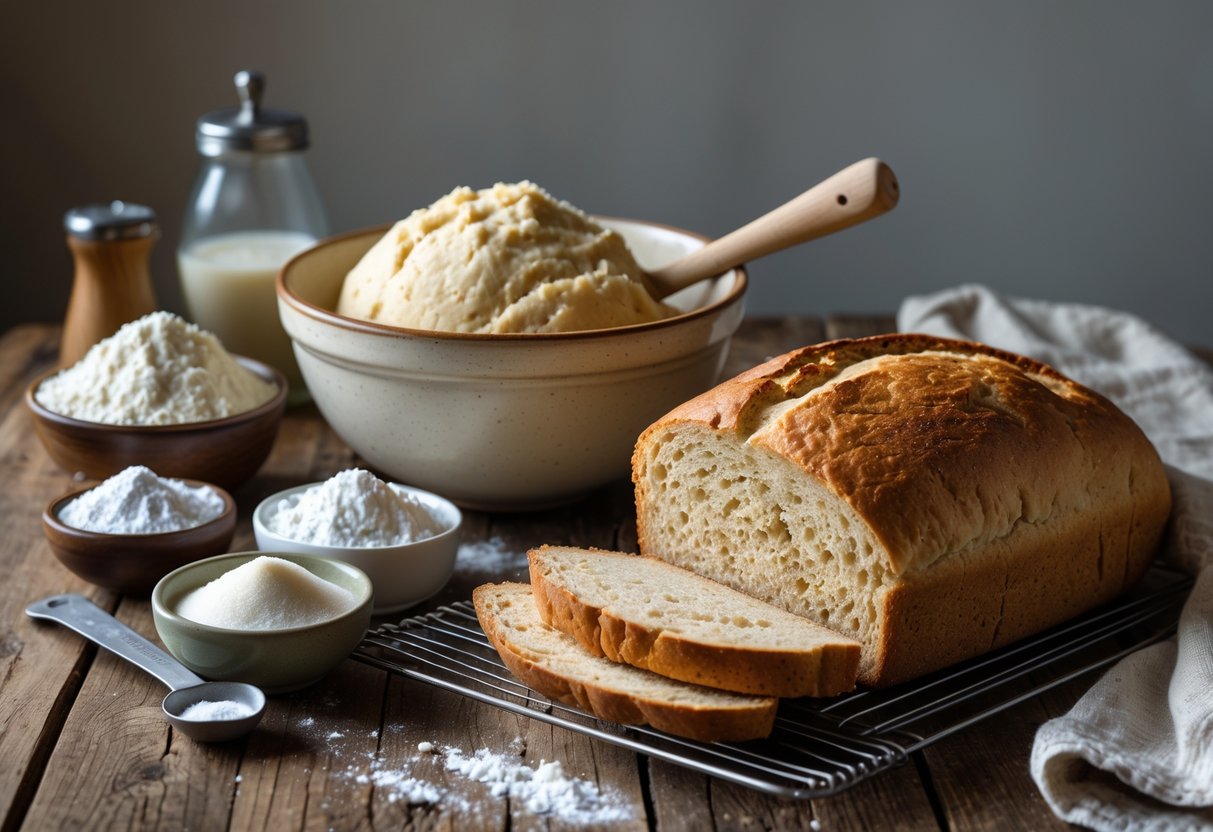 A wooden table with bowls of flour, baking soda, buttermilk, and salt next to a mixing bowl with dough and a freshly baked loaf of Irish wheaten bread on a cooling rack.