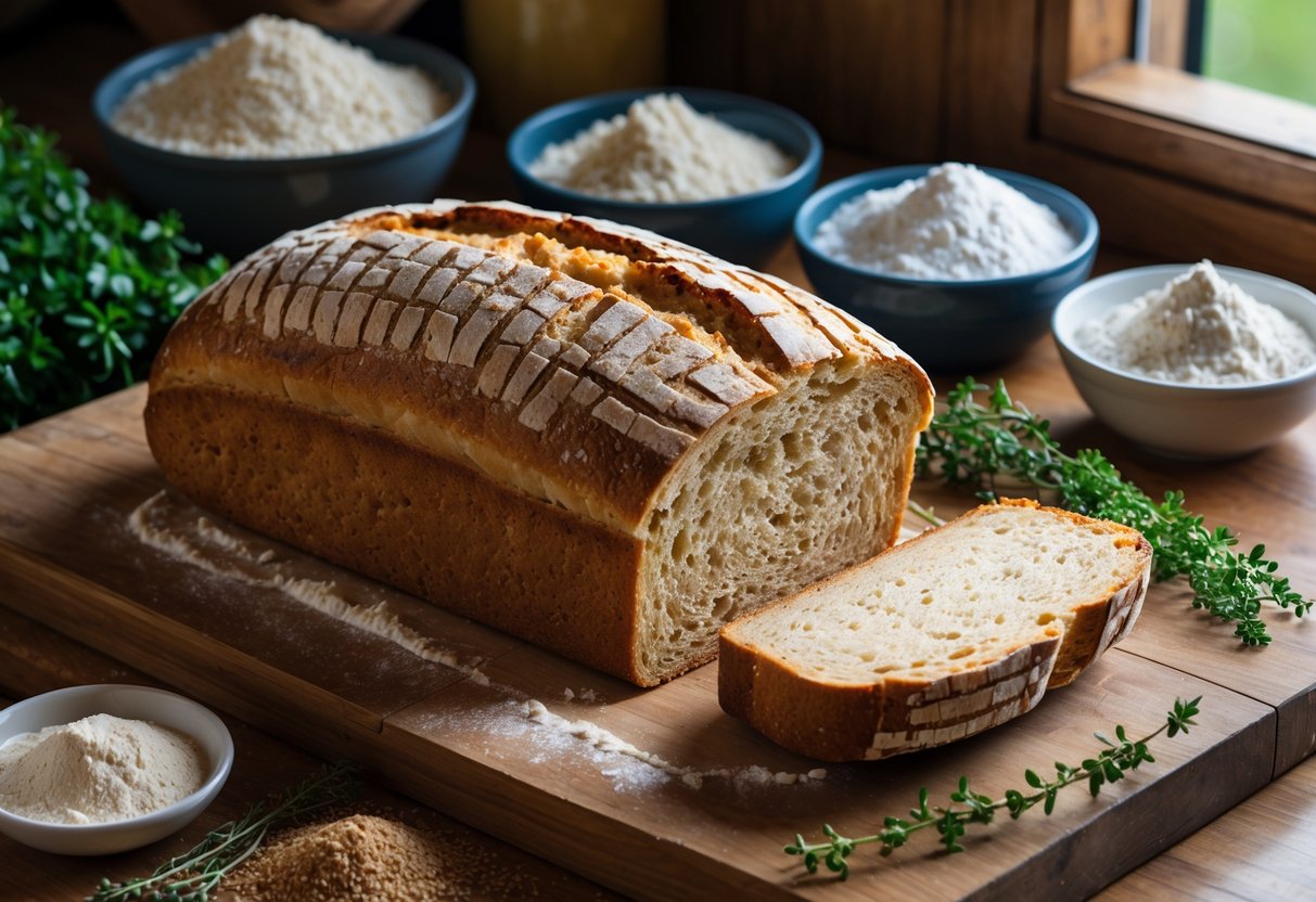 Freshly baked Irish wheaten bread on a wooden cutting board with bowls of flour, buttermilk, baking soda, and fresh herbs arranged nearby on a kitchen countertop.