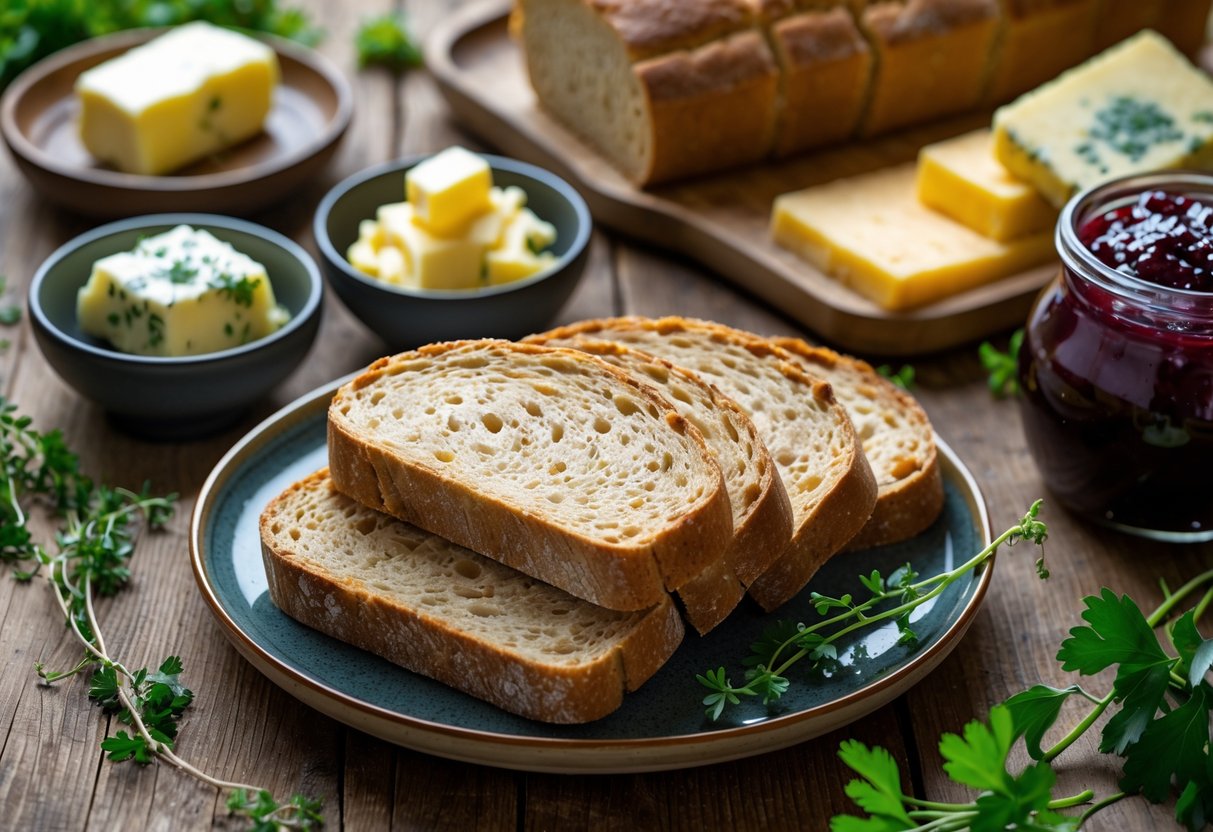 Slices of Irish wheaten bread on a plate with bowls of butter, cheese, and jam on a wooden table.