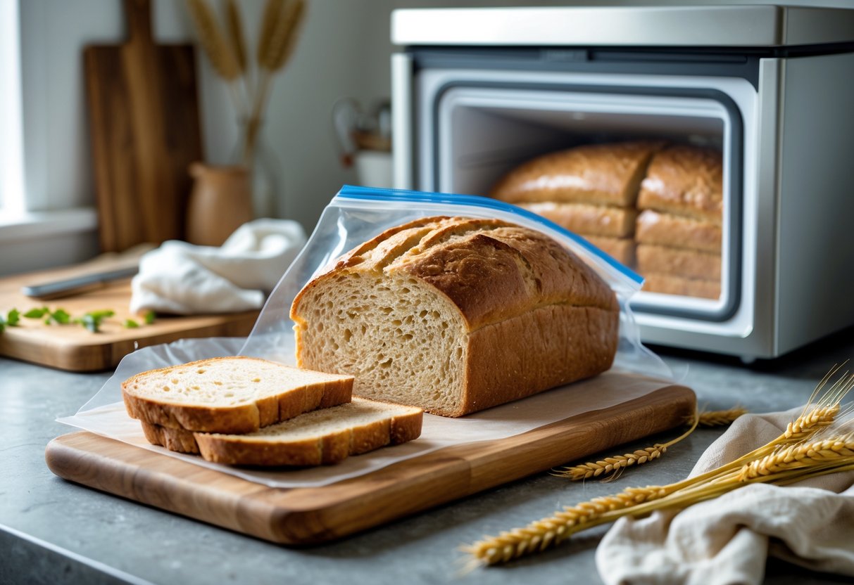 A loaf of Irish Wheaten Bread being sliced and stored in a freezer bag on a kitchen countertop next to a freezer with more bread inside.