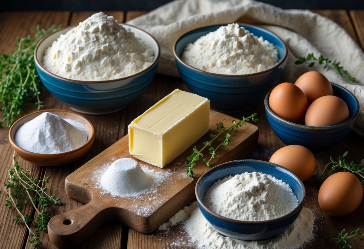 A wooden table with bowls of flour, baking powder, sugar, butter, buttermilk, eggs, and fresh herbs arranged for making Irish scones.