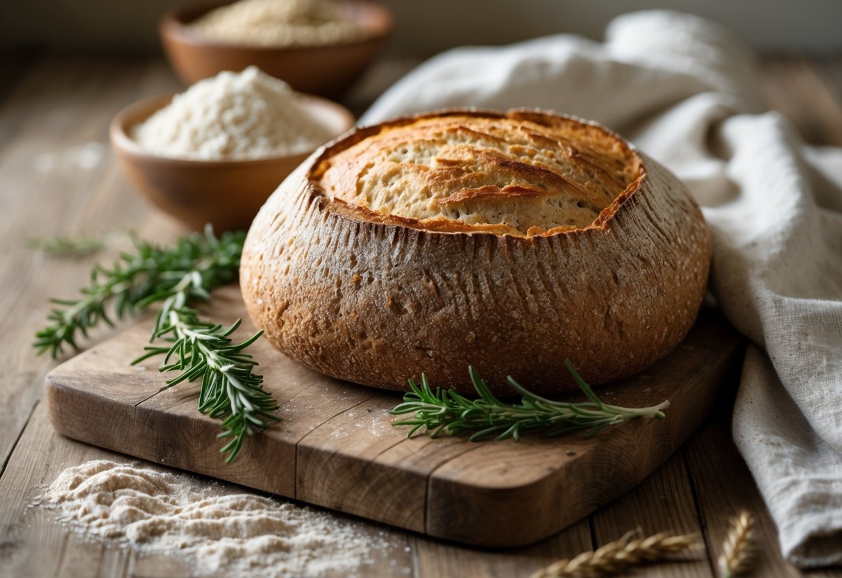 Freshly baked Irish wheaten bread on a wooden cutting board with flour and herbs nearby in a kitchen setting.