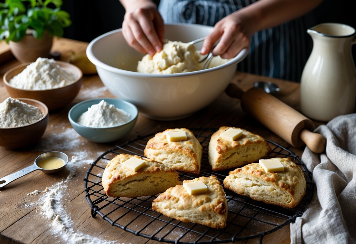 Hands mixing dough on a wooden countertop surrounded by baking ingredients and freshly baked Irish scones cooling on a rack.