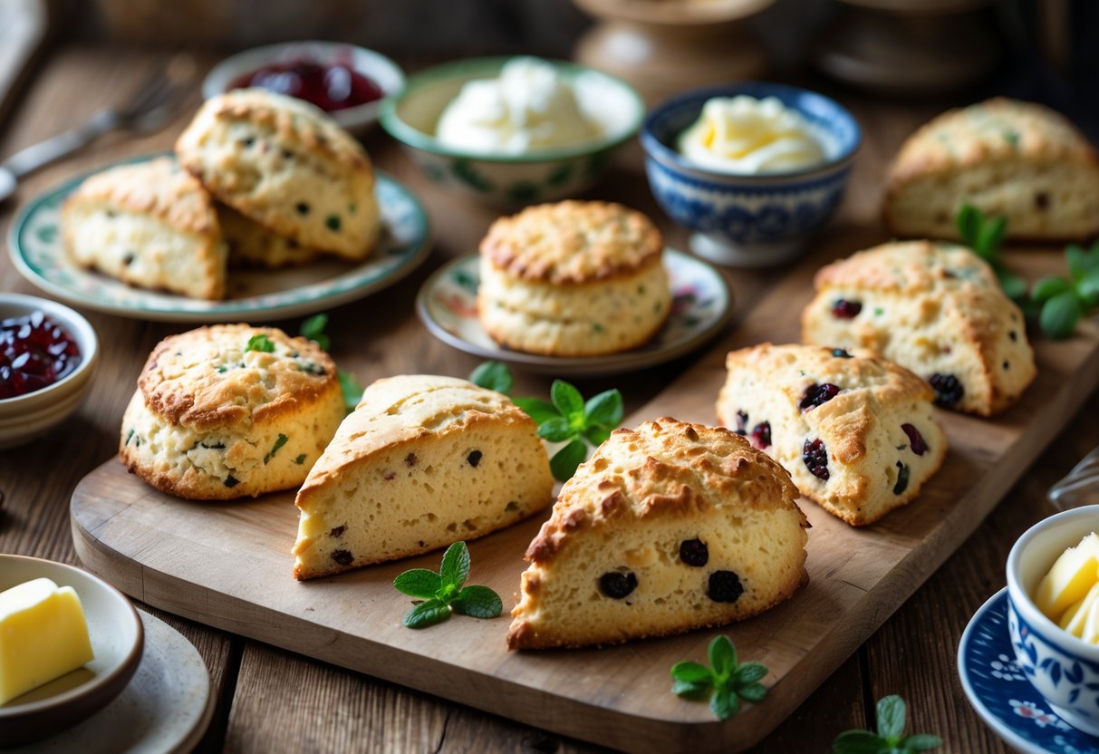 A variety of freshly baked Irish scones displayed on plates and boards with bowls of cream and jam on a wooden table.