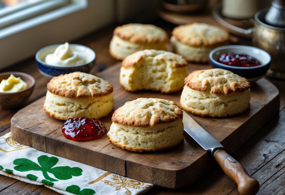 Freshly baked Irish scones on a wooden board with clotted cream and strawberry jam in small dishes nearby.