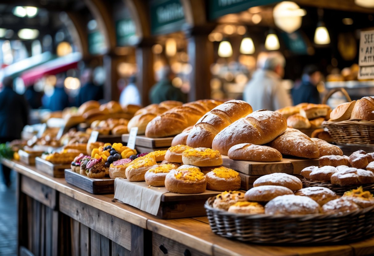 A bakery stall inside Cork English Market displaying a variety of breads and sweet pastries with shoppers in the background.