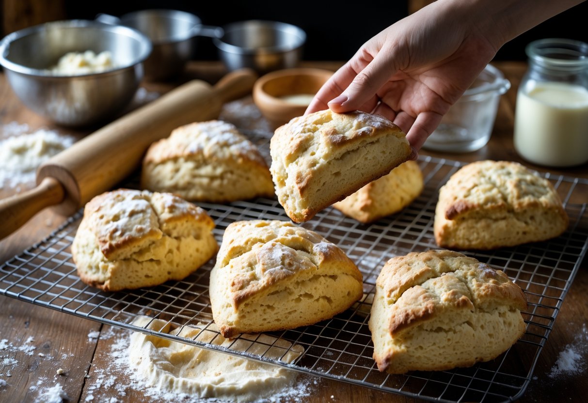 A kitchen countertop with freshly baked Irish scones on a cooling rack, baking tools, and a hand lifting one scone to show its soft inside.
