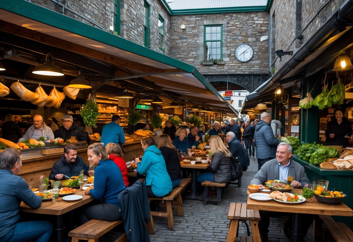 People dining and enjoying fresh food at tables inside and outside the English Market in Cork, surrounded by food stalls and market architecture.