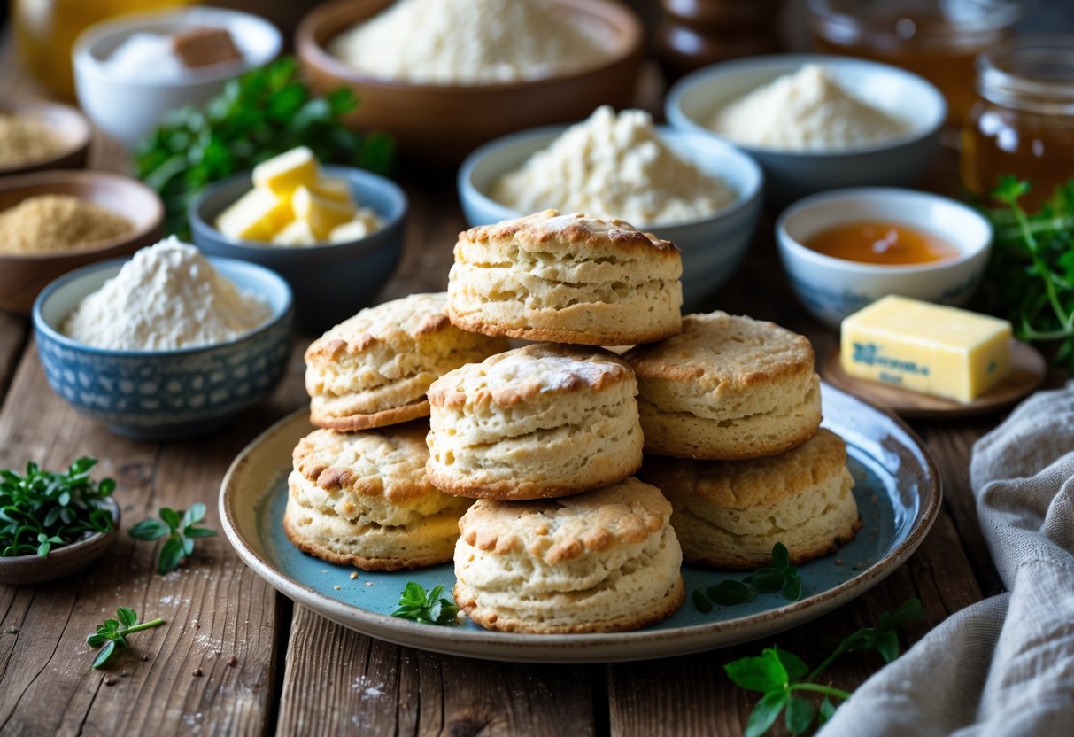 A plate of freshly baked Irish scones on a wooden table surrounded by bowls of alternative baking ingredients like almond flour, dairy-free butter, and plant-based milk.