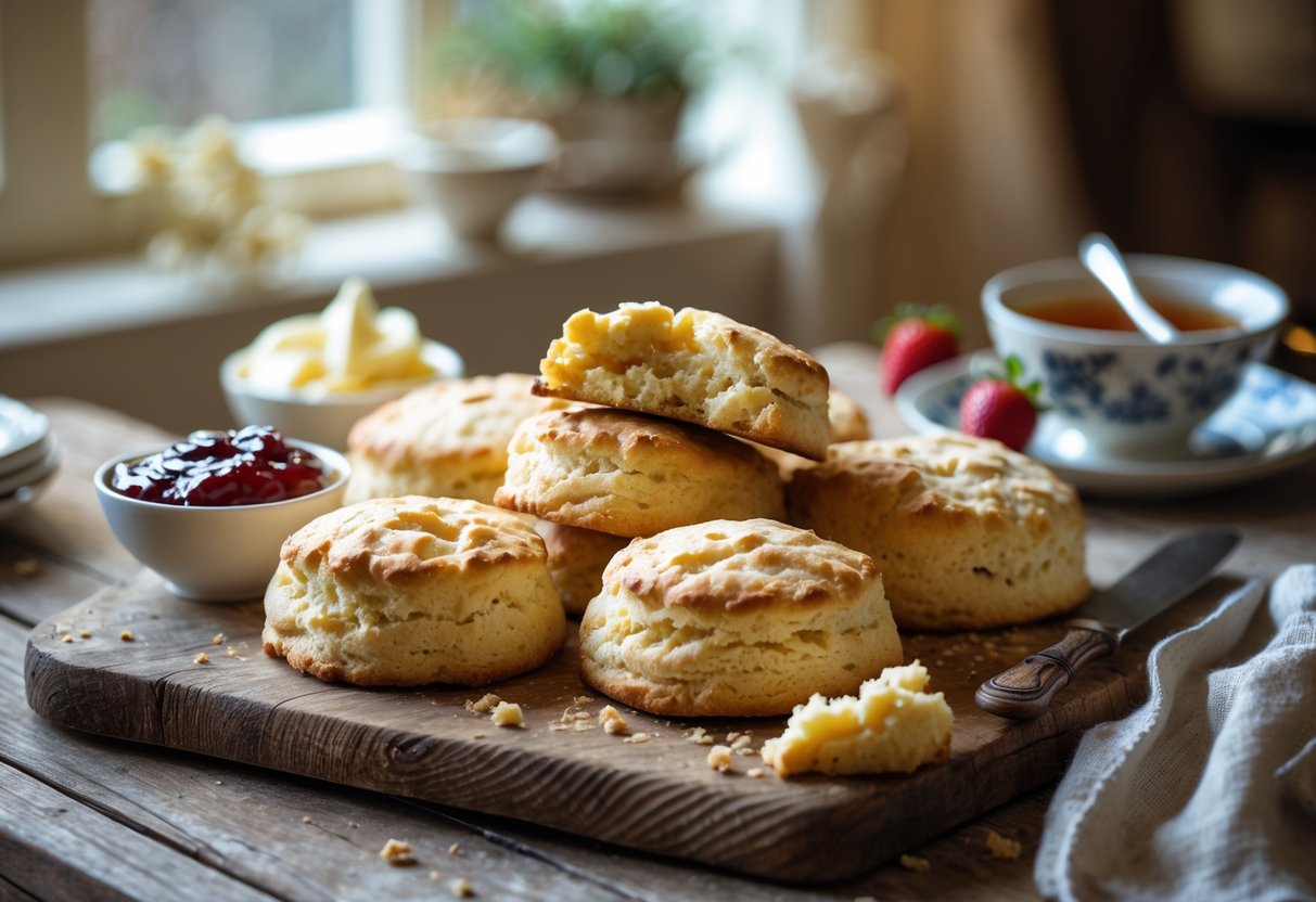 Freshly baked Irish scones on a wooden board with clotted cream and jam in small bowls, set in a cozy kitchen.