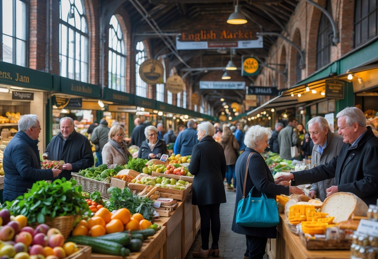 Indoor market scene with people shopping at stalls filled with fresh produce and food in a historic building.