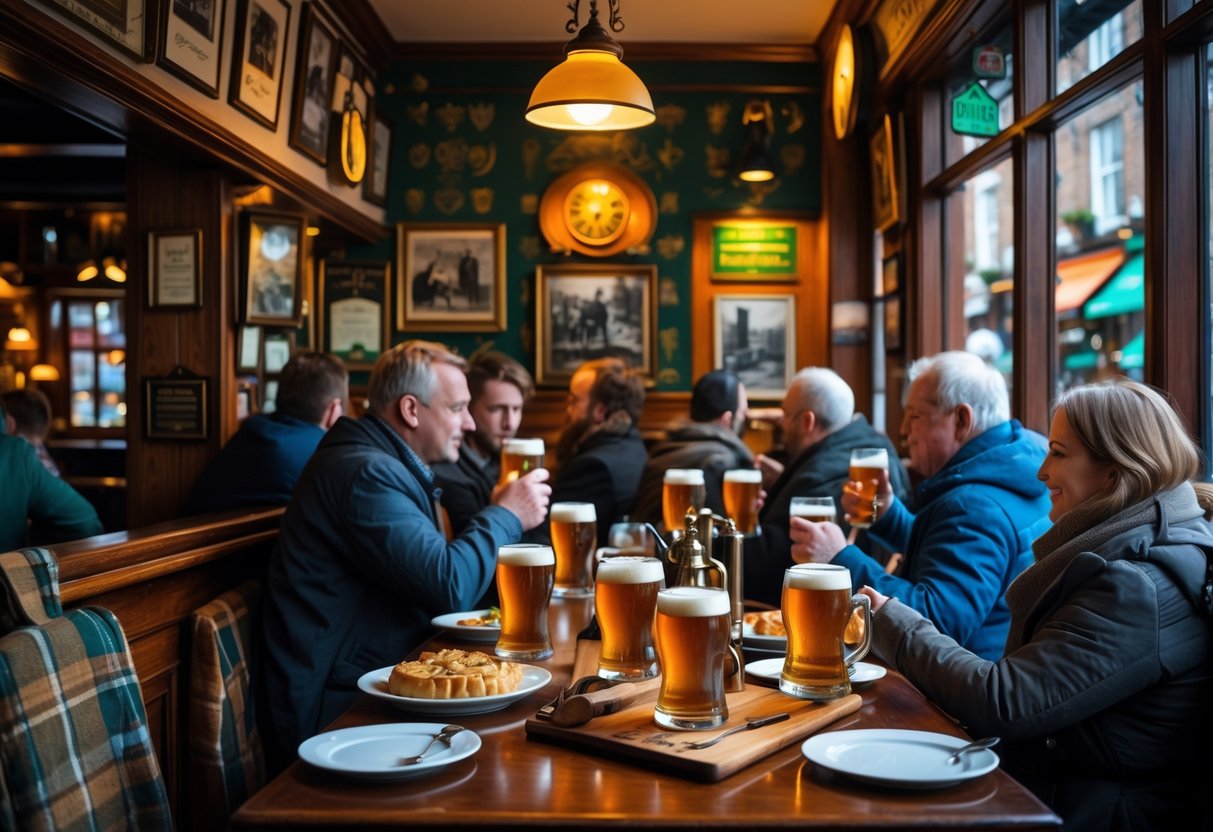Inside a cozy Irish pub with wooden tables and warm lighting, people are enjoying food and drinks in a lively atmosphere.