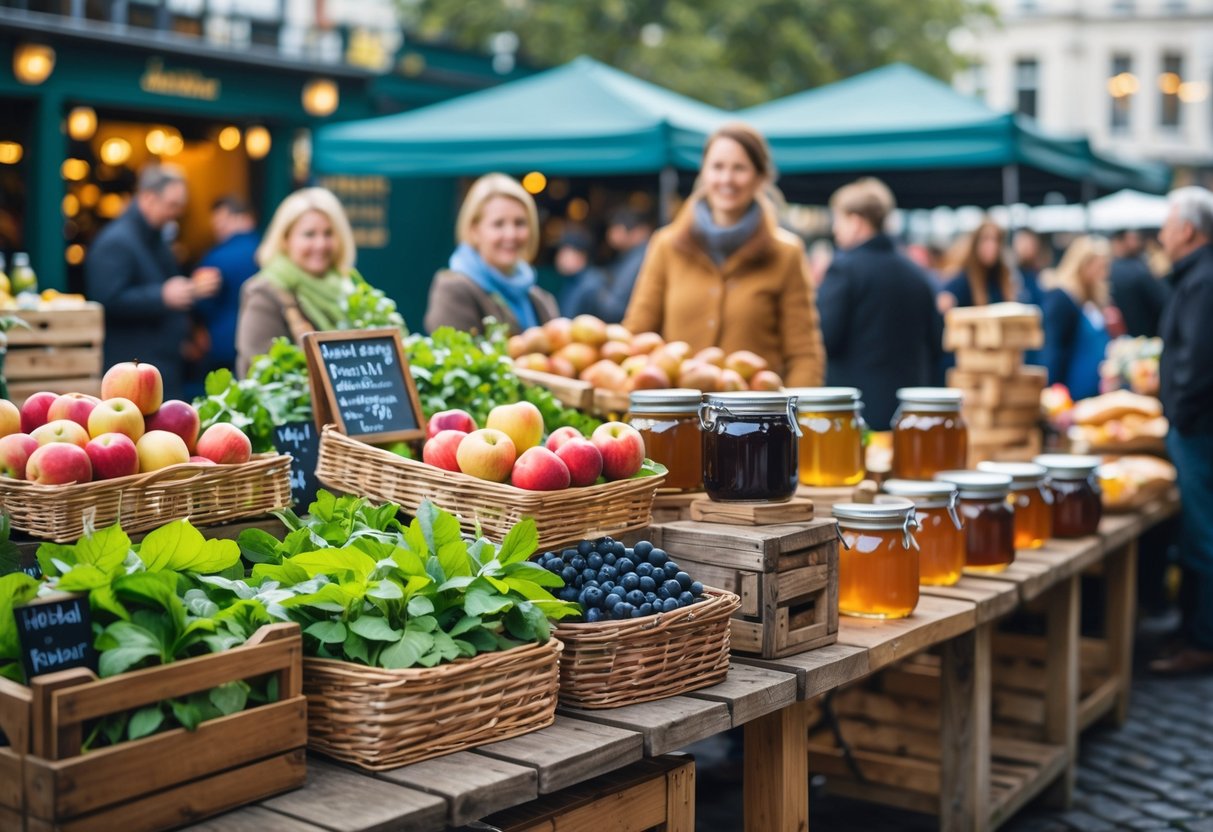 Outdoor market stall with fresh produce, jars of preserves, bread, and vendors interacting with customers in Dublin.