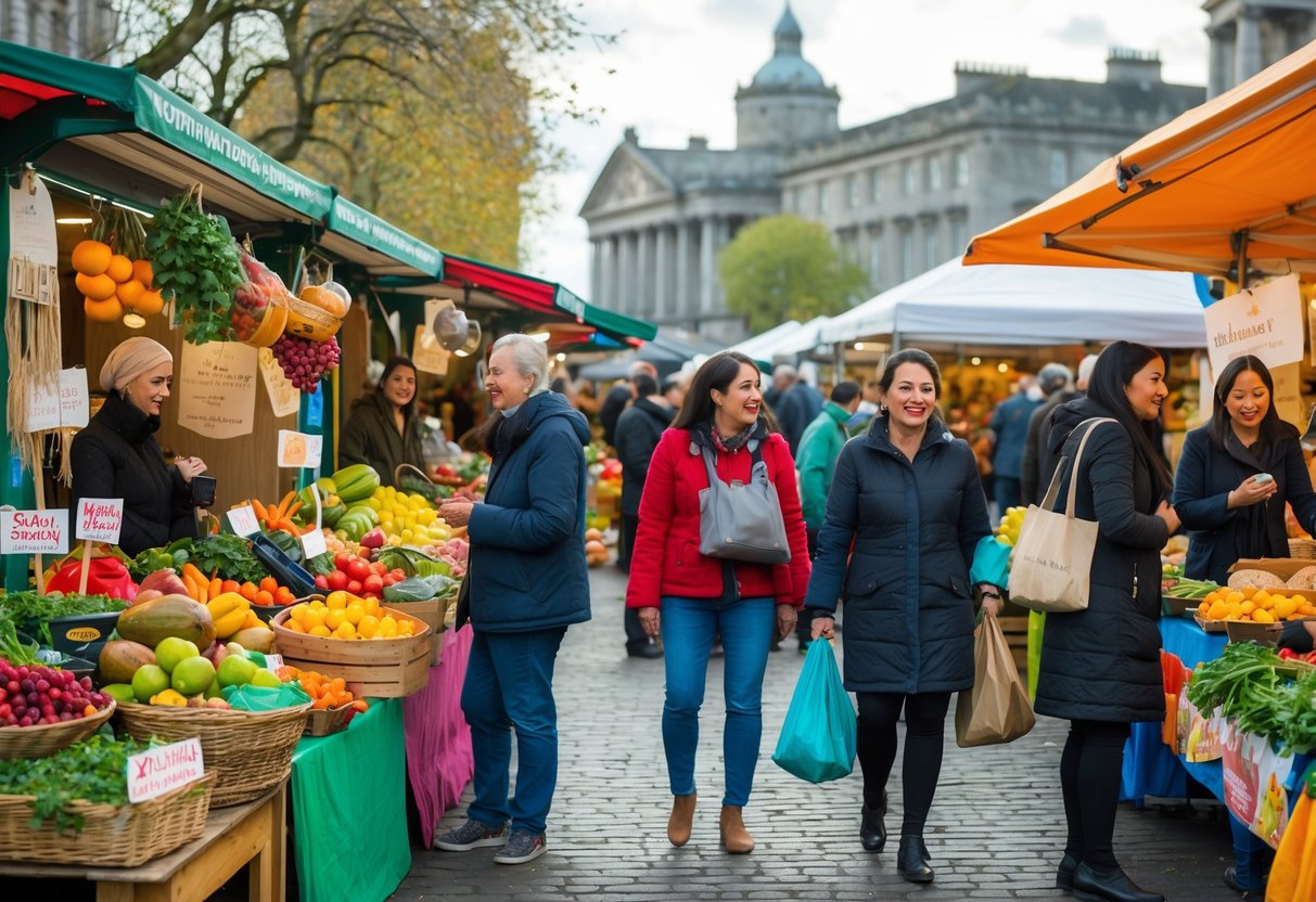 A busy outdoor farmers market in Dublin with diverse people shopping for fresh international foods and produce at colorful stalls.