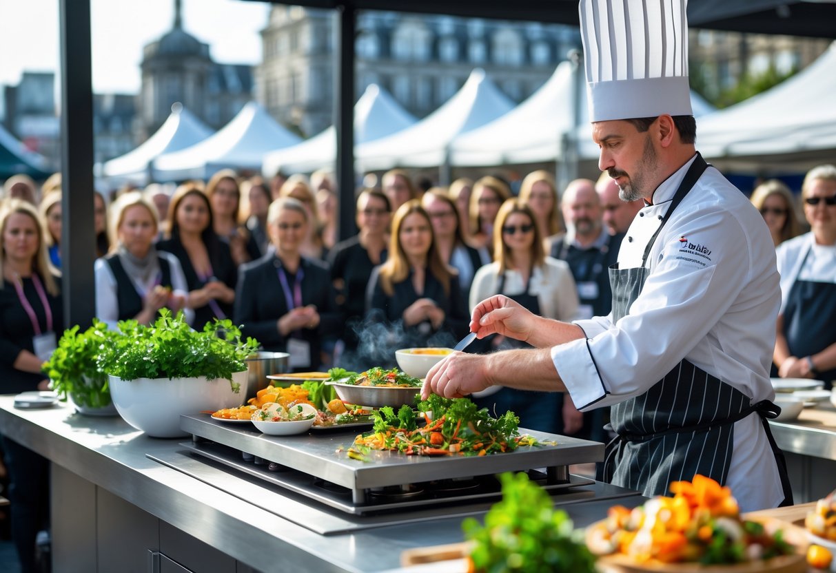 A chef demonstrating cooking outdoors with an audience watching at a food festival in Dublin.