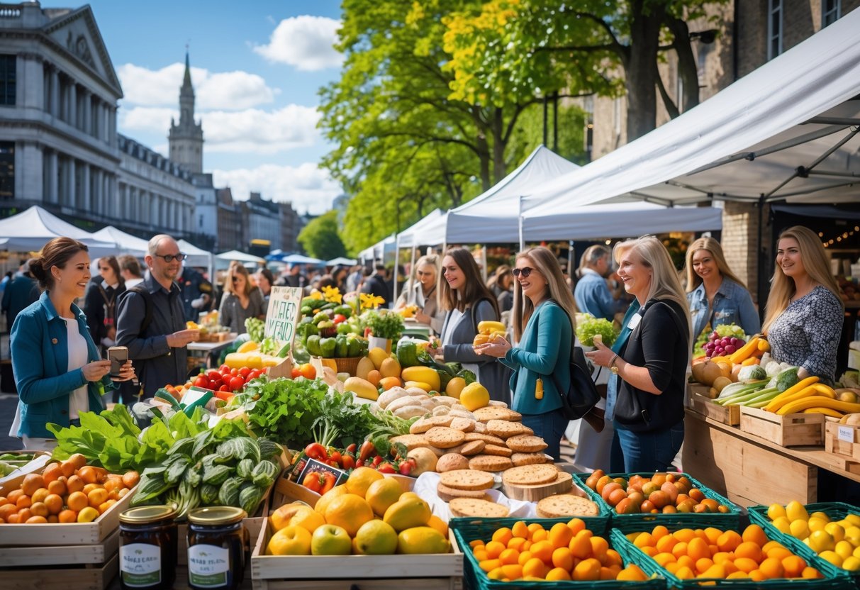 A busy farmers market in Dublin with vendors selling fresh produce and shoppers enjoying the market.