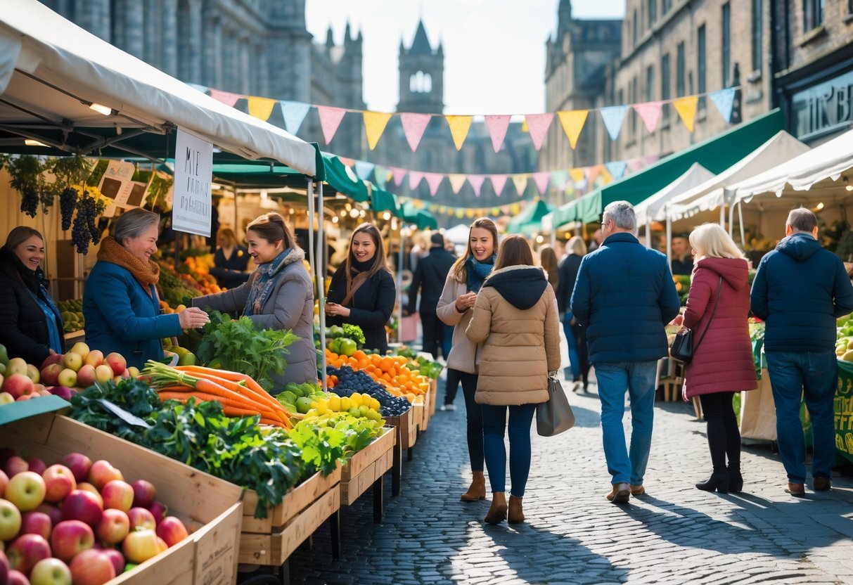 People shopping at an outdoor farmers market in Dublin with colorful fresh produce and vendors interacting on a sunny day.