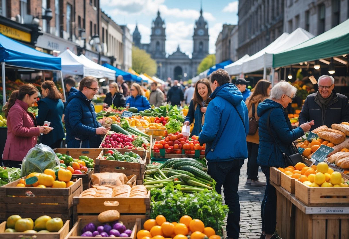 People shopping and vendors selling fresh produce at a busy outdoor farmers market in Dublin.