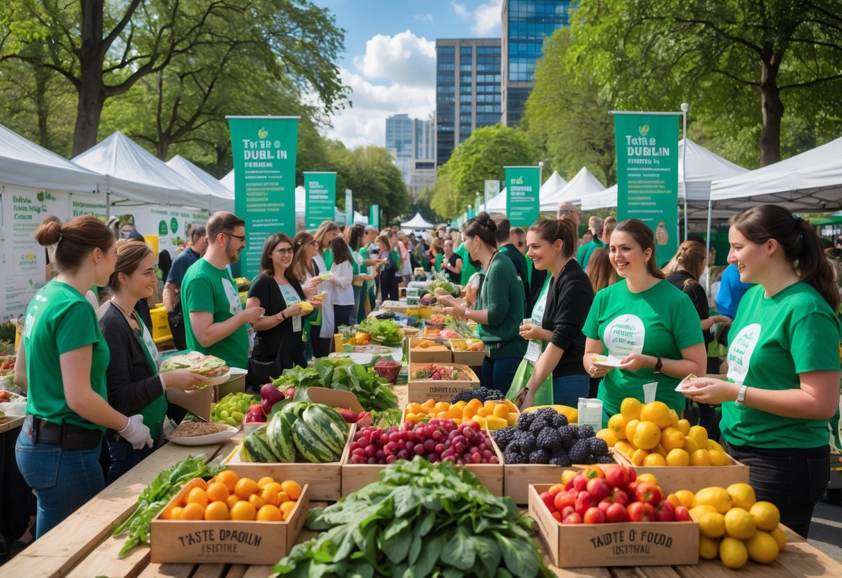 People enjoying a sunny outdoor food festival with eco-friendly stalls and fresh produce, surrounded by greenery and city buildings.